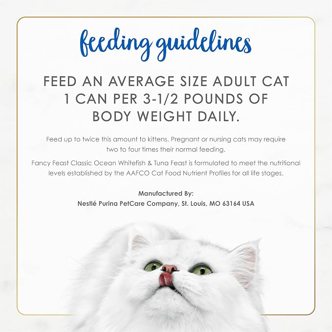 Purina Fancy Feast Classic Pate, Ocean Whitefish & Tuna, 3 oz cans, 24-Pack | Crafted with real ocean whitefish & tuna. Made with no artificial colors or preservatives. 100% complete and balanced