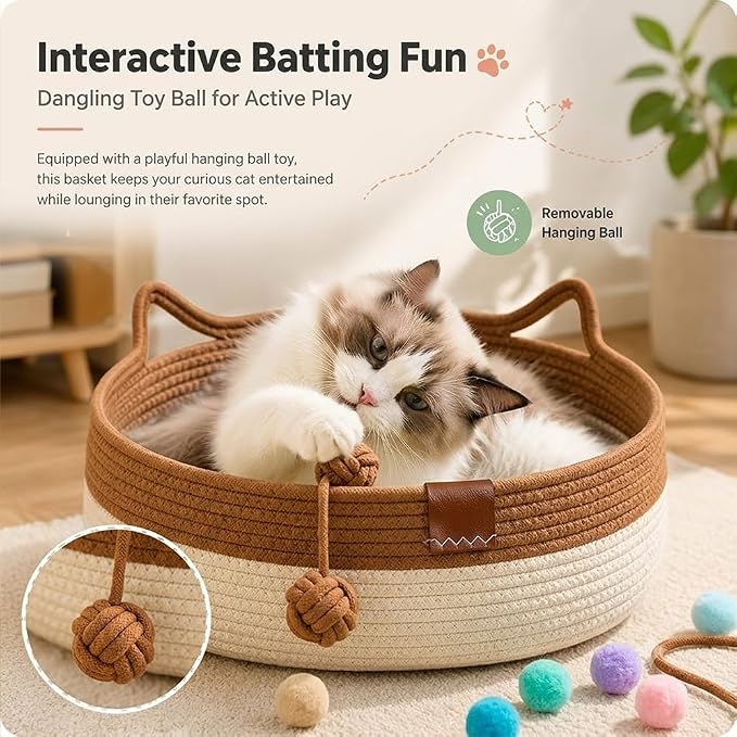 Instinct Basket for Cats,Cat Basket Bed with Cushion & Hanging Ball Toy,Handwoven Cotton Rope Cat Basket (Green+Mat+Pillow,M(up to 17Lb))
