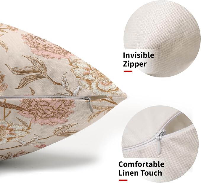 Pink White Roses Floral Lumbar Pillow Covers 12X20 Inch Set of 2Retro Flowers Birds Leaves Decorative Pillow Cases Art Vintage Cotton Linen Cushion Case Home Decor for Sofa Couch Porch Outdoor