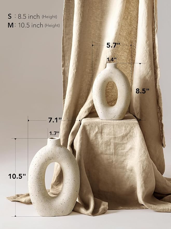LE TAUCI Ceramic Vases Set of 2, Cream Hollow Donut Flower Vases, Nordic Boho Decor Decorative Centerpiece for Living Room, Table, Shelf, Mantel, Warm Ivory Speckled (H10.5”xW8.5”)