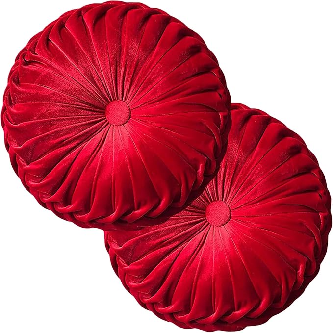 Teieas 2 Pcs Round Throw Pillows Decorative Velvet Pleated Pillow Red | Boho bed pillows,valentine's day decorations back support for couch,chair,dorm,car,sofa,home decor 14.96''