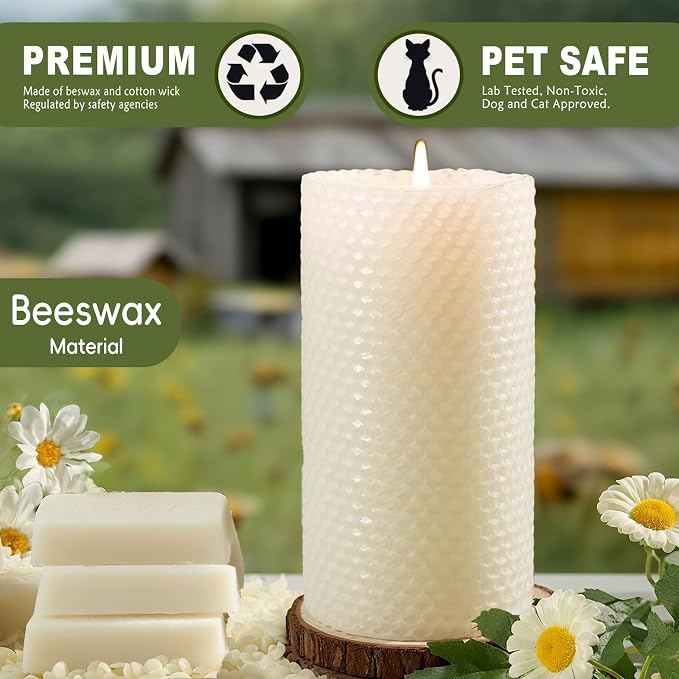 4 Pack Beeswax Pillar Candles, 2.8x6 Inch 180 Hours Hand-Rolled White Large Beeswax Candles, Handmade Pure Bees Wax Honeycomb Bees Wax Candle for Prayer, Unscented Candles
