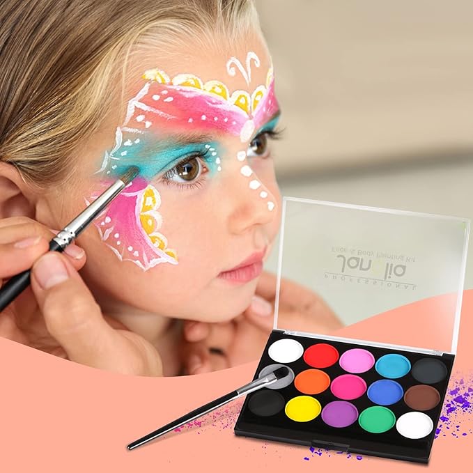 Janolia Face Painting Kit for Kids, 15 Colors Face Paint Palette, Water Activated Face Paint, Body Paint Makeup for Halloween Carnival Easter Theme Party, Ideal Facepaint Makeup Kit for Kids
