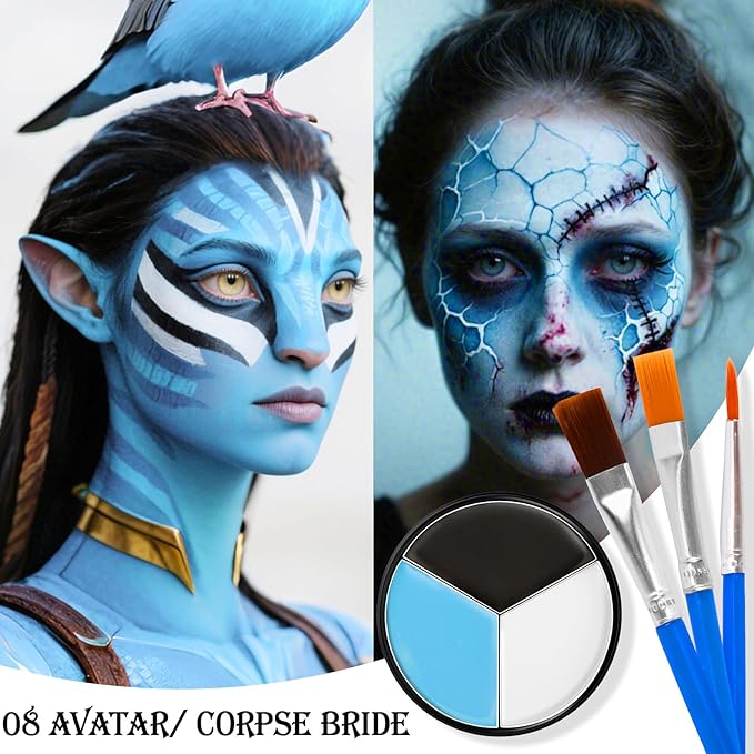 Black White Light Blue Face & Body Paint - Blendable Facepaint Foundation with Sponge & Brush for Skin, Professional Halloween Face Make-up Kit for Sally Face Avatar Smurf Corpse Bride Pale Costume