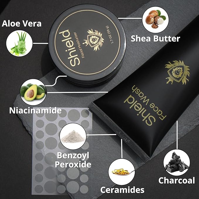 Acne System for Men and Boys, Face Wash, Moisturizer, Pimple Patches, Shield Men's Skin Care Set (2 Months)