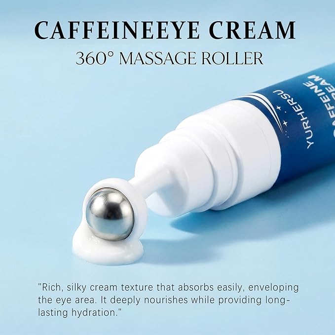 Caffeine Eye Cream with 360° Roller, Depuffing Serum with Caffeine, Collagen, Hyaluronic acid, Hydrating Under Eye Cream Firming Gel Reduce Puffiness, Dark Circle, Fine Lines & Bags, 0.5 Oz