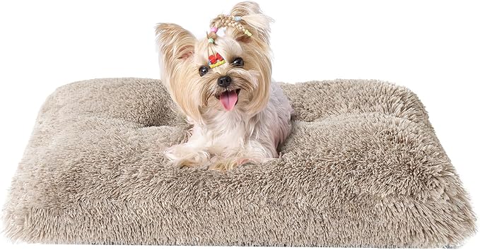 EHEYCIGA Fluffy Dog Crate Bed for Small Dogs, Plush Crate Pad, Taupe | Calming Anti Anxiety Small Dog Bed, Washable Soft Warm Faux Fur Crate Mat with Non-Slip Bottom