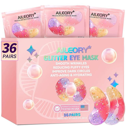 Under Eye Patches (36 Pairs) - New Tri-color Glitter Eye Gel Pads for Dark Circles Puffy Eyes,Under eye Bags,Wrinkles|Natural Collagen Under Eye Mask Patches, Gel Under Eye Patches