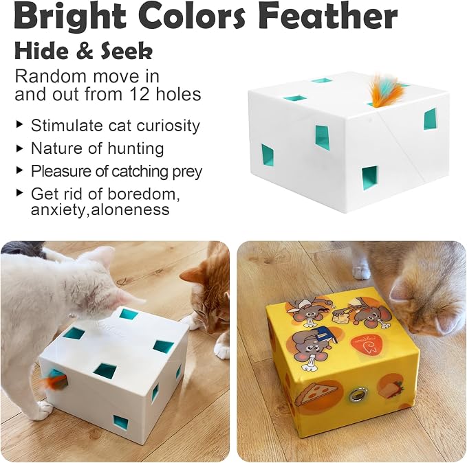 Migipaws Automatic MigiBox Plus Cat Toys 3 in1 Interactive Pounce Mystery Under PopSkin 12 Holes Cardboard Kitten Toys for Indoor Rechargable 8 Accessories(White)