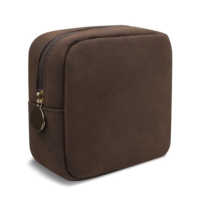 UIXIZQ Waterproof Mini Makeup Bag for Purse,Small Cosmetic Pouch Suede Travel Toiletry Organizers Bag for Women Girls,Cute Zipper Preppy Coin Purse Sanitary Napkin Storage Bag for Work(Mini-Coffee)