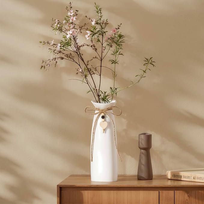 8 Inch Ceramic Vase with Jute Rope & Heart Charm, Elegant White Decorative Vase for Home Décor & Table Centerpieces
