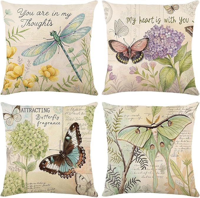 wyooxoo Throw Pillow Covers 20x20 Set of 4 Spring Summer Pillow Covers Linen Flower Butterfly Farmhouse Pillowcases for Sofa Couch Living Room Outdoor