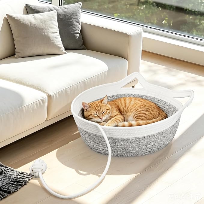 Cotton Rope Woven Cat Bed, Instinct Pet Basket with a Play Ball, Large | Foldable Cat Scratcher Basket for Indoor Cats, Puppies, Rabbits and Small Pets, White & Light Gray