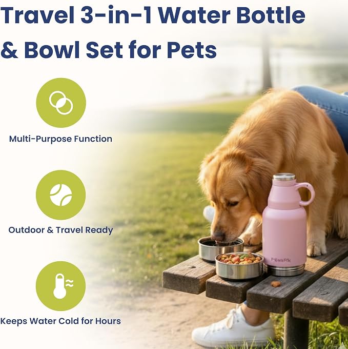 PawsPik 3-in-1 Travel Dog Water Bottle & Bowl Set, 32oz, Pink