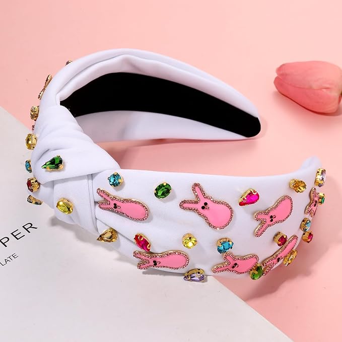mokkia Easter Headbands Beaded Rabbit Bunny Headband for Women Pink Spring Knotted Headband Easter Hair Accessories Gifts