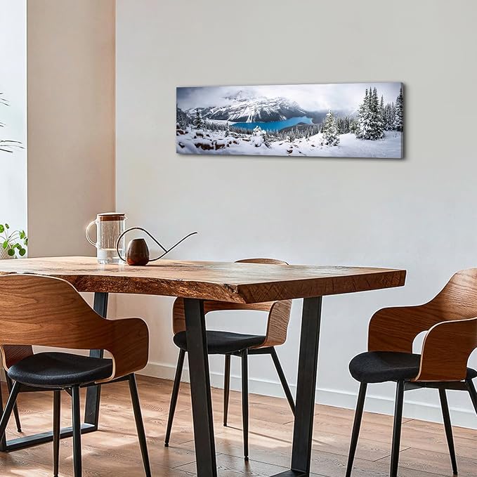 Snow Mountain Canvas Wall Art White Clouds Misty Forest Landscape Prints Picture Wall Decor Winter Tree Blue Lake Scenery Photography Painting Artwork for Living Room Bedroom Office Decoration 14x48"