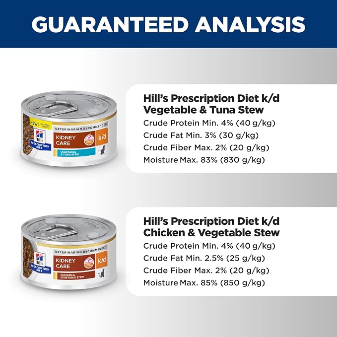 Hill's Prescription Diet k/d Variety Pack Wet Cat Food | #1 Veterinarian Recommended, Chicken & Vegetable Stew, Vegetable & Tuna Stew, 2.9 oz. Cans, 24-Pack