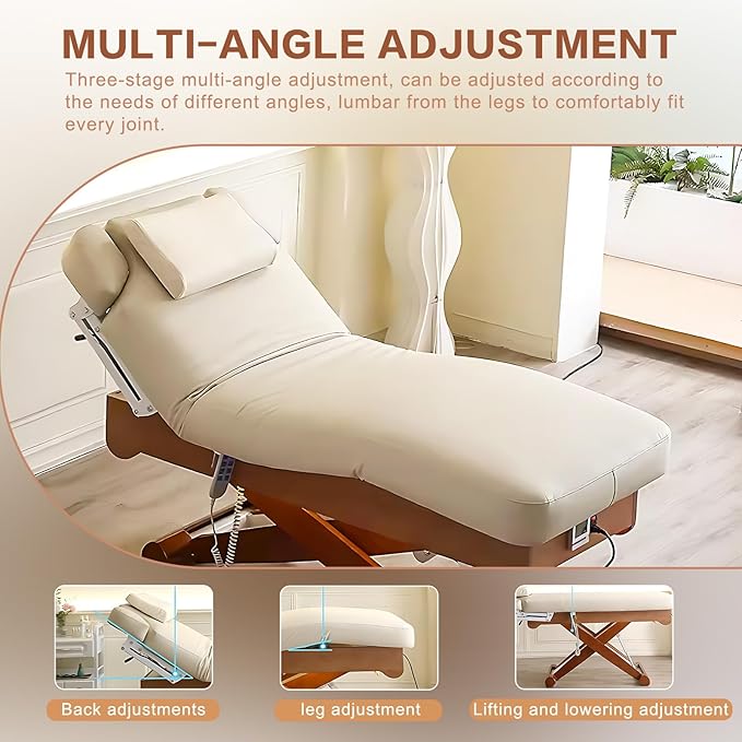 Electric Treatment Massage Table with Wooden Cross Base Design,Beauty Spa Bed Includes One-Button Lifting Function,Heating Design for Beauty Salon,Massage Shop(Wood Color)