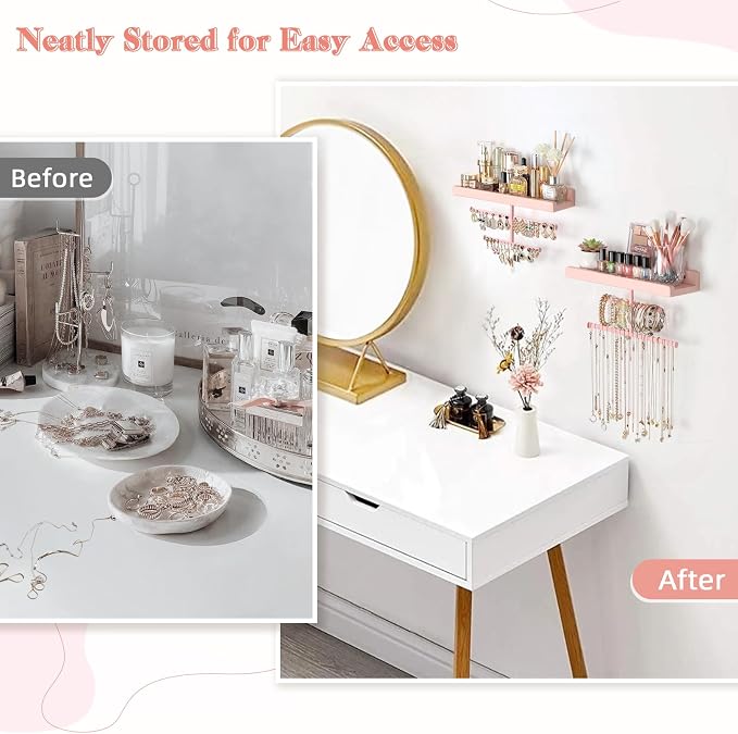 Keebofly Jewelry Organizer Wall Mounted Hanging with Wooden Shelf for Kids, Girls, Teens, Jewelry Holder Storage Display for Earring, Necklace, Bracelet, Bow, Pink, (Patented)
