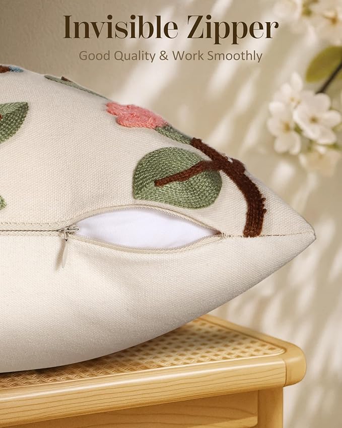 Embroidered Throw Pillow Cover 18x18 Inch, Bird Lemon | Decorative Pillow Cover, Farmhouse Cushion Case with Hidden Zipper, Cottagecore Decor for Couch, Sofa, Living Room, Bedroom