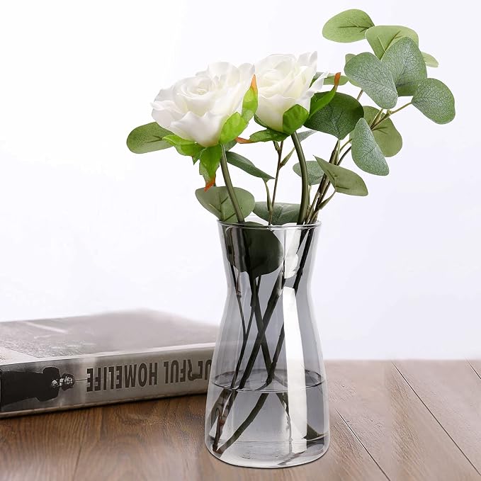 8 Inch Gray Glass Vase for Flowers, Modern Boho Table Decor | Farmhouse Vases For Rustic Vintage Living Room Kitchen Bedroom Halloween Christmas Decor House Book Shelf Office Decor