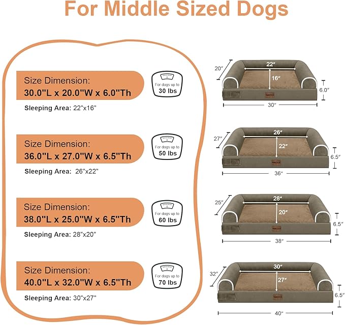 Orthopedic Dog Bed for X-Large Dogs, 40 x 32 Inch, Brown | Egg crate foam for joint support, 3-sided bolster pet sofa, waterproof lining, washable cover, and non-skid base
