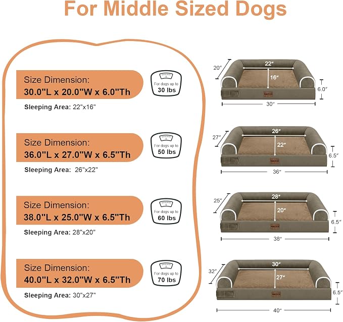 Orthopedic Dog Bed for Medium Dogs, 30 x 20 Inch, Brown | Egg crate foam for joint support, 3-sided bolster pet sofa, waterproof lining, washable cover, and non-skid base