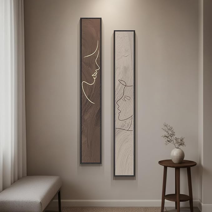 Large Framed Neutral Abstract Vertical Wall Art Set of 2, Modern Brown and Beige Canvas Prints Paintings for Walls, Minimalist Long Narrow Pictures for Living Room Bedroom Hallway Entryway Wall Decor