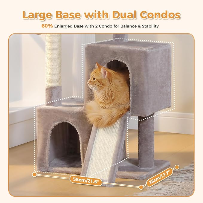 PAWZ Road Cat Tree, 35" Cat Tower with Dual Condos for Indoor Cats,Gray | cat tree tower with enlarged perch, scratching ramp, dual condos and large base for small & adult cats