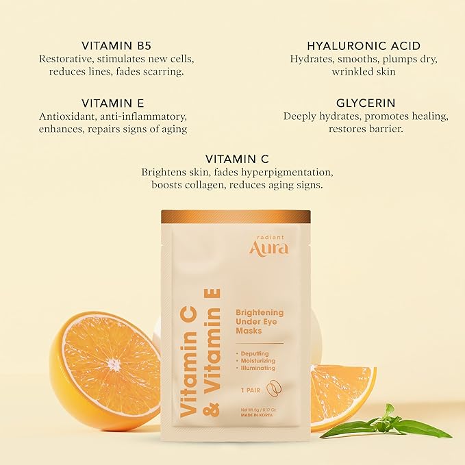 Vitamin C & Vitamin E Under Eye Patches – Dermatologist Tested, Anti Aging, Korean Skin Care – Hydrates, Firms, Reduces Look Of Fine Lines, Puffiness Reducer – Vegan, Clean – 5 Pairs
