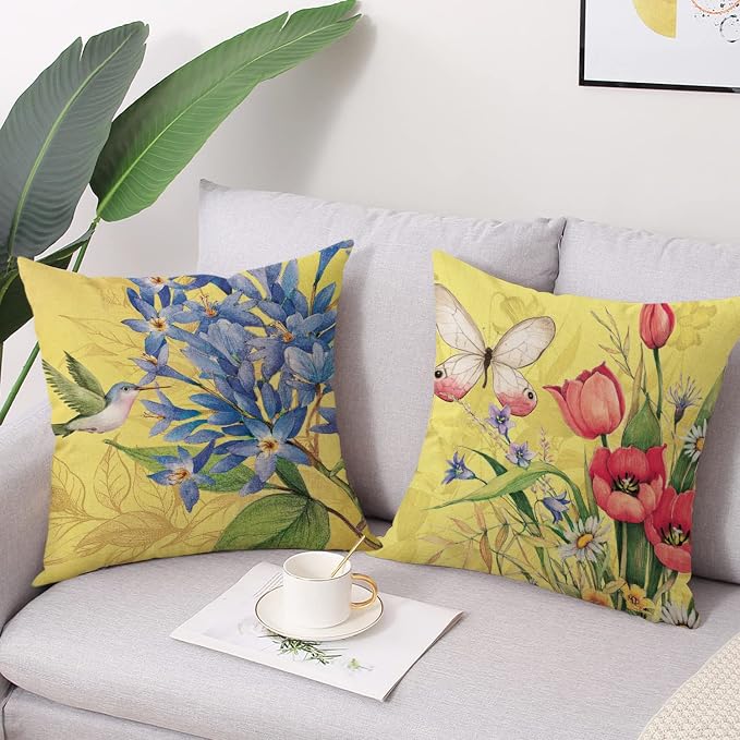 wyooxoo Spring Summer Pillow Covers 20x20 Set of 4 Decorative Throw Pillow Covers Linen Flower Butterfly Farmhouse Pillowcases for Sofa Couch Living Room Outdoor