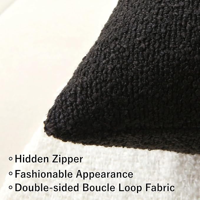 Complete Throw Pillows with Inserts, Set of 2 Decorative Throw Pillow-Boucle-18 x 18"-Square Boho Pillows for Couch, Patio, Bed, Sofa Decor (Black, 18" x 18"(Pack of 2))