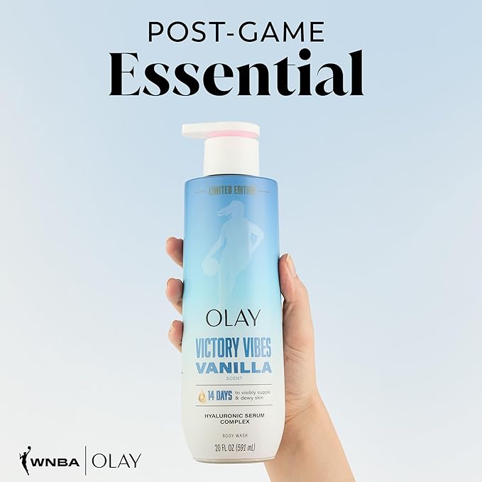 Olay Body Wash for Women, WNBA, Intensely Hydrating, Hyaluronic Acid Serum, Hydration On/Off Court, Improves Moisture Barrier, Vitamin B3 Complex, All Skin Types, Victory Vibes Vanilla Scent, 20 fl oz