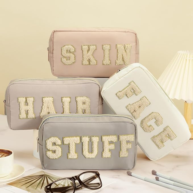 Preppy Makeup Bags Chenille Letter Stuff Bag Nylon Cosmetic Pouch Cases with Zipper for Women Travel Toiletry(Apricot Color,Classic,4 Pcs)