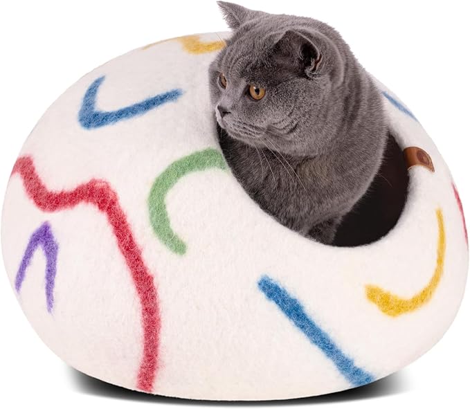 Cat Cave - Merino Wool Bed for Indoor Cats (Ivory Rainbow, Large) | Cat Bed Enclosure, Premium Felt, Handmade, Super Soft, Lightweight, Breathable, Adjustable Shape