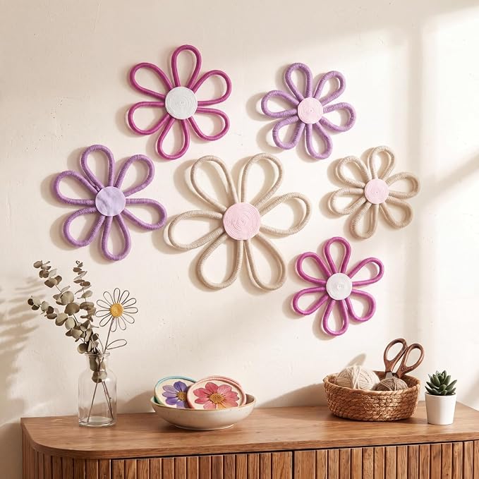 Barydat 6 Pcs Boho Nursery Decor Daisy Flower Woven Macrame Wall Hanging 3 Size Daisy Flower Wall Decor Bohemian Nursery Decorations for Home Dorm Art