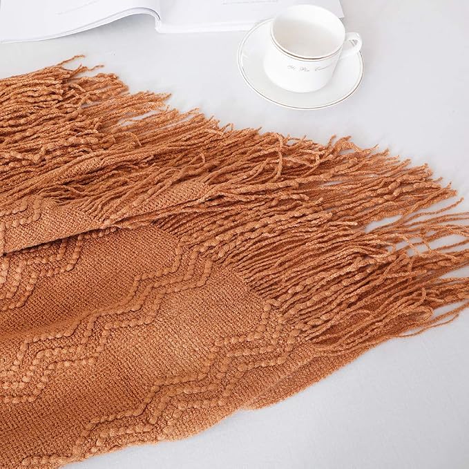 BOURINA Almond Throw Blanket 50x90 Inch Boho Knitted Soft Throw Bed Blanket | Knitted Throw Blanket 50x90 Inches, Soft Lightweight Boho Weave Throw Decorative Couch Blanket for Living Room Bed Runner