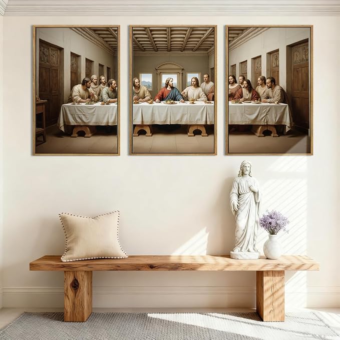 The Last Supper Canvas Wall Art Framed Christian Wall Decor 16x24 Inch Framed Jesus Religious Painting Modern Bible Pictures Set of 3 for Living Room Bedroom Hallway Office