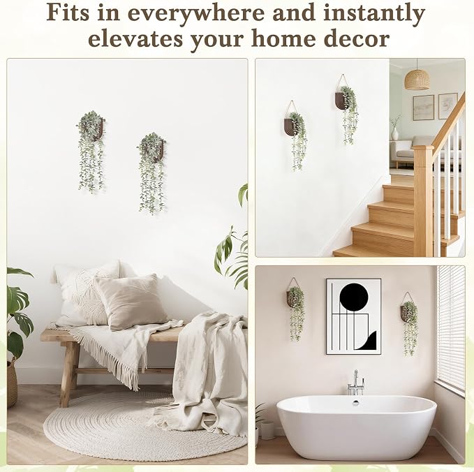 Dahey 2 Pack Wall Planter Vase with Hanging Fake Plants for Bathroom Decor | Eucalyptus Wall Plants, Boho Farmhouse Wood Wall Art Decor for Living Room Bedroom Kitchen Home Office, 2 Ways to Hang, Brown