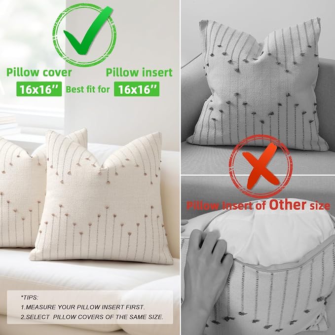 YCOLL Boho Outdoor Throw Pillow Covers 16x16 Set of 2 Neutral Woven Decorative Pillowcases Cotton Tufted Couch Pillows Modern Farmhouse Cushion Covers for Sofa Couch Bed Living Room Home Decor, Khaki