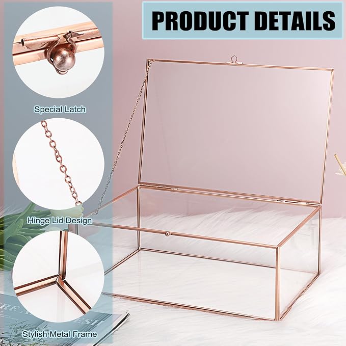 Hipiwe Vintage Glass Box with Lid - Rectangle Jewelry Display Box Vanity Lidded Box Glass Trinket Organizer Rose Golden Decorative Boxes for Keepsakes Perfume,X-Large