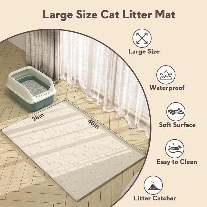 Silicone Cat Litter Mat Large 40" X 28", Easy to Clean, Beige | Large Size Waterproof Silicone Mat with Raised Edges, Catch Litter, Protect Floor from Urine, Multi-Use for Dog/Sink/Kitchen
