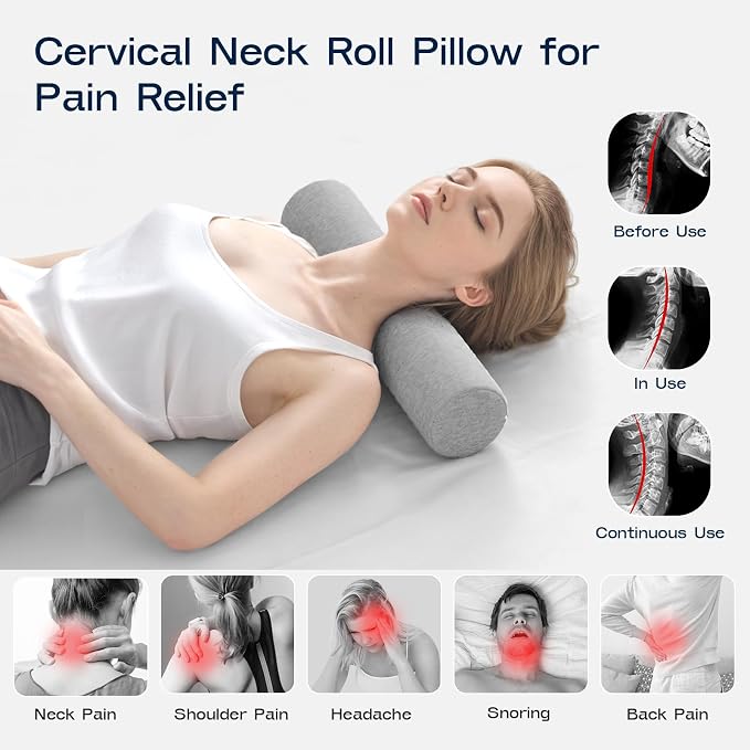 Neck Roll Pillow, Memory Foam Neck Support Pillows, Round Neck Pillows, Cylinder Bolster Pillows for Bed, Couch, and Yoga, Removable Washable Cover,18 * 4 * 4 inch (Small,Grey)