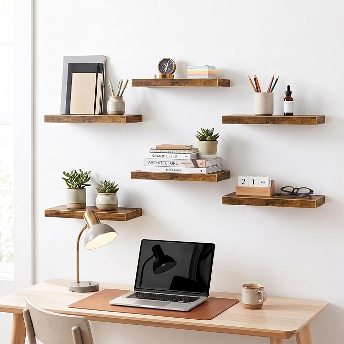 Fixwal Floating Wall Shelves for Decor (Rustic Brown, Set of 6, 15.7 Inch) | MDF Shelves with Metal Brackets, Space Saving for Books, Decor, Works in Bathroom, Kitchen, Living Room, Bedroom