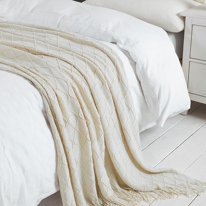 BOURINA Beige Throw Blanket 50x60 Inch Boho Knitted Soft Throw Sofa Blanket | Knitted Throw Blanket 50x60 Inches, Soft Lightweight Boho Weave Throw Decorative Couch Blanket for Living Room Bedroom Chair