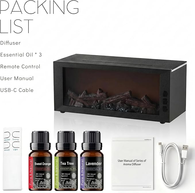 Fireplace Flame Diffuser, 300ML Essential Oil Diffuser with 7 Color Realistic Flame Light, Remote & Timer Aromatherapy Scent Diffuser for Home Bedroom Office Yoga
