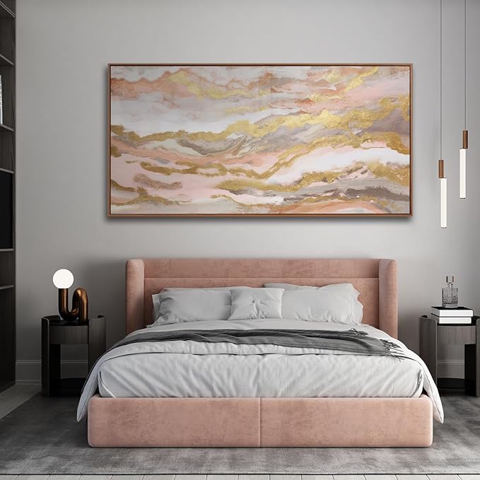 Abstract Pink Canvas Wall Art Framed Gold Abstract Line Artwork for Living Room Decor Canvas Art Bedroom Pictures Office Decoration for Wall 30x60in