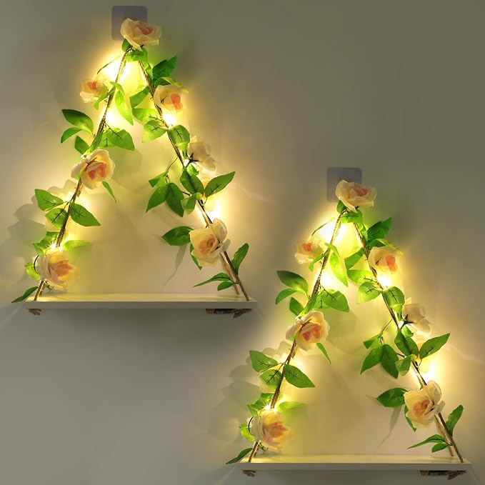 Floating Shelves for Wall,Hanging Shelves,Room Decor,Wall Decor,Boho Decor | Floating Shelves No Drill,Trinket Shelf,Cottage Core Wall Decor,2-Pack Shelf Set Includes Artificial Pink Rose & LED Lights
