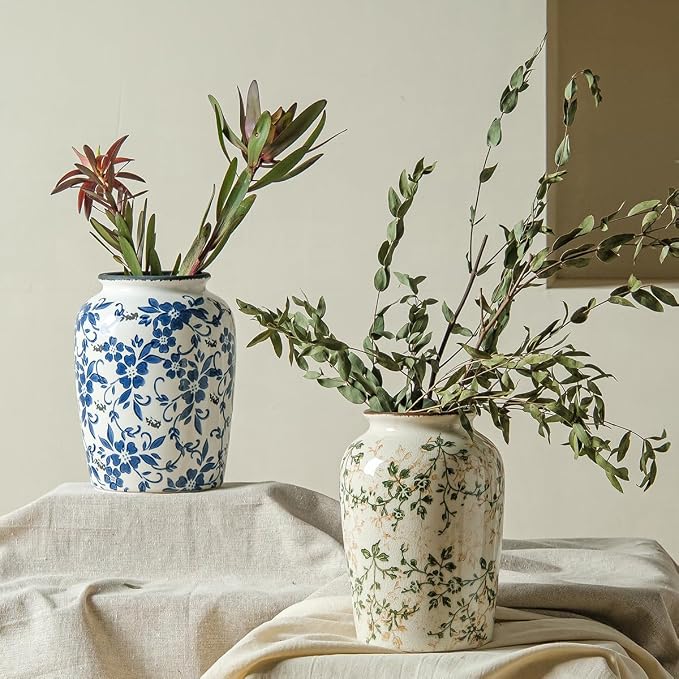 Ceramic Flower Vase for Home Decor, Green Vintage Decorative Vase 8 Inch | Rustic Farmhouse Floral Vase for Living Room, Bookshelf, Coffee Table, Kitchen, Mantel, Entryway, Wedding Centerpiece
