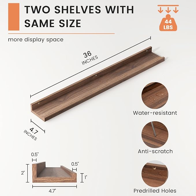 Picture Ledge Shelf, Floating Shelves for Wall, 36" W Set of 2, Walnut | FSC Certified Engineered Wood, Wall Mounted Bookshelf, for Nursery Living Room Bedroom, Pre-Drilled, Easy Install